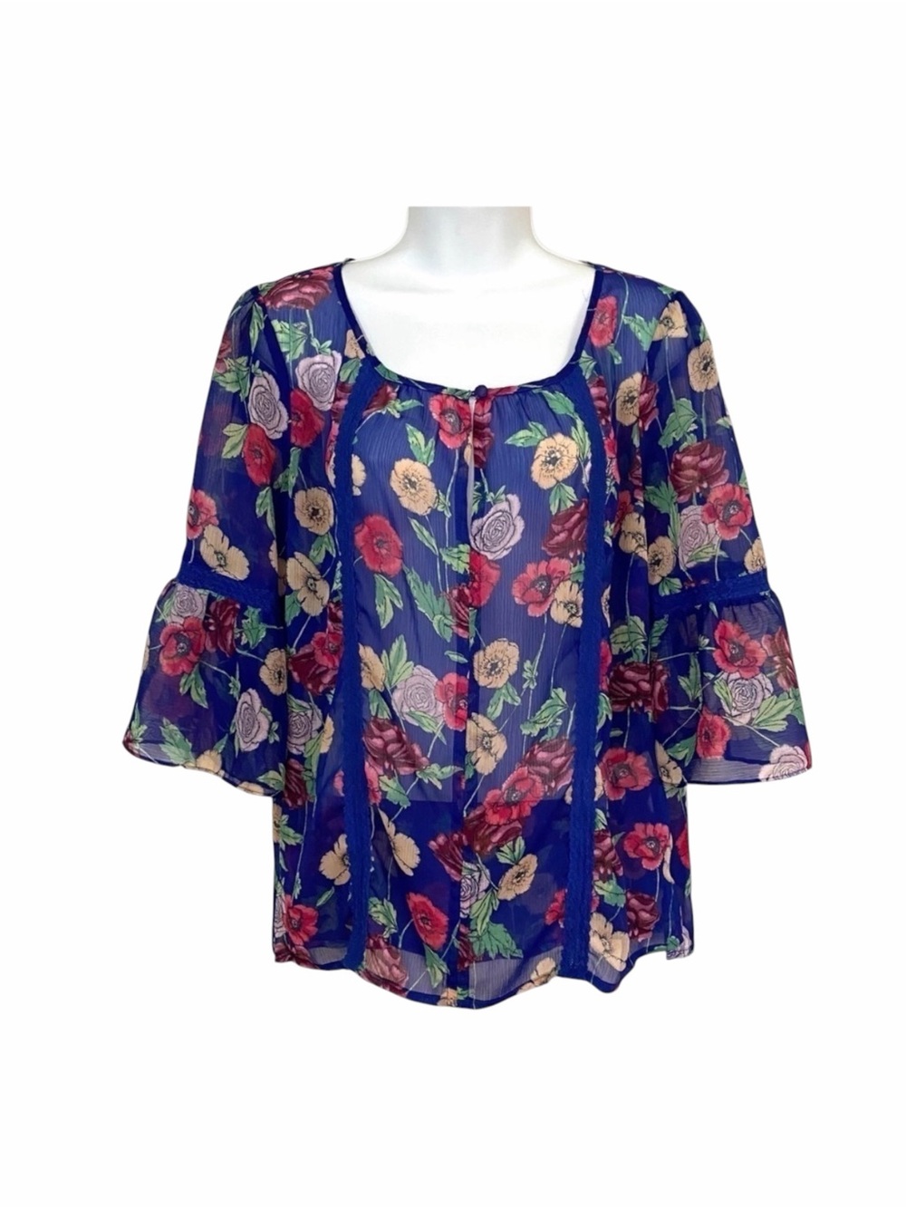 LC Lauren Conrad Blue Blouse Floral Bell Sleeve Medium Cottagecore Prairie